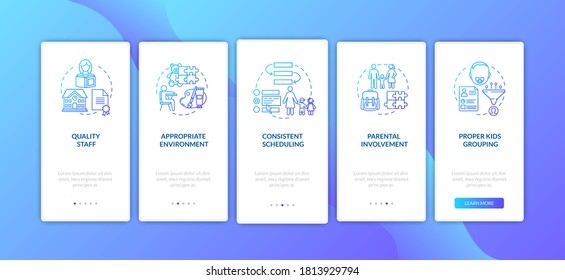 Babycare center effectiveness components onboarding mobile app page screen with concepts. Preschool education. Walkthrough 5 steps graphic instructions. UI vector template with RGB color illustrations