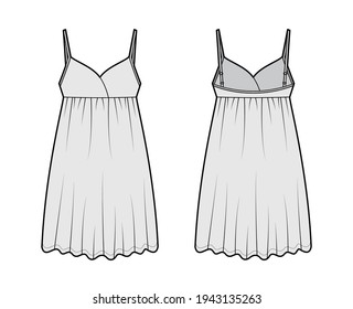 Babydoll dress Sleepwear Pajama technical fashion illustration with mini length, oversized, adjustable shoulder straps, trapeze silhouette. Flat front back, grey color style. Women unisex CAD mockup