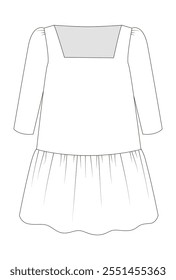 Babydoll dress with a square neckline, long sleeves, and gathered skirt depicted as a minimalist technical sketch