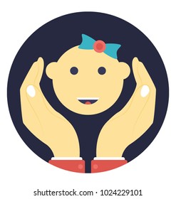 Babyface in the mother hands, flat vector icon 