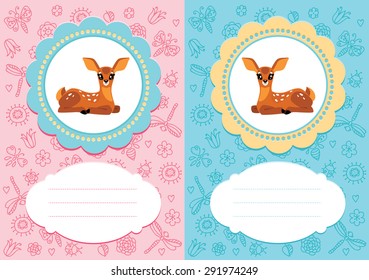 Baby-girl and baby-boy cards with cute baby deer. Some blank space for your text included.