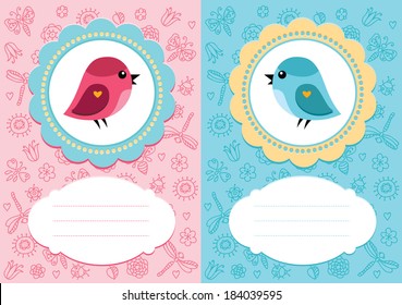 Baby-girl and baby-boy cards with cute bird. Some blank space for your text included.