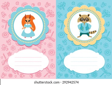 Baby-girl and baby-boy cards with cute little animals: squirrel and raccoon. Some blank space for your text included.