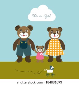Babygirl  born card. New born welcome concept. Children vector background. Teddy bear concept.