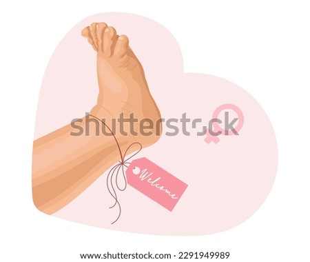 Babygirl foot with blue label Welcome. Icon, logo, illustration for newborns. Pastel colors, vector