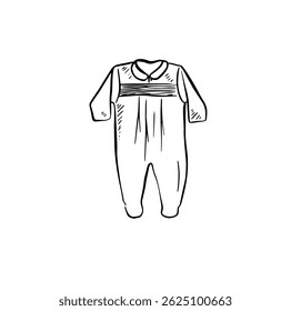 A babygrow, onesie, jumpsuit for kids, hand drawn in black.