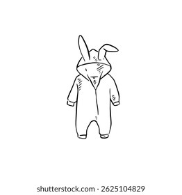 A babygrow, onesie with rabbit bunny ears, jumpsuit for kids, hand drawn in black.