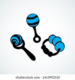 Babyish blue teething playful noisy clack on white backdrop. Freehand line black ink hand drawn joy noisemaker logo pictogram emblem sketch in art retro scribble cartoon style on paper space for text