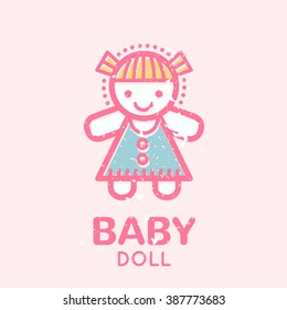 Babyish emblem with a doll (girl's toys). Pastel color palette (pink, pale pink, blue). Flat minimalistic image with grunge texture (texture is easy to remove)