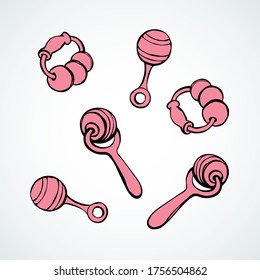 Babyish teething playful noisy clack on light white backdrop. Freehand line bright pink ink hand drawn joy noisemaker logo pictogram emblem design in art retro scribble cartoon print style text space