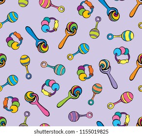 Babyish teething playful noisy clacks on light purple backdrop. Bright multy color hand drawn joy noisemaker logo sign icon emblem sketchy in art retro doodle cartoon style