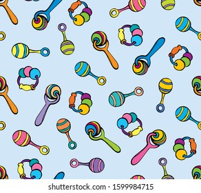 Babyish teething playful noisy clacks on light blue backdrop. Bright multy color hand drawn joy noisemaker logo sign icon symbol emblem design texture concept in art retro doodle cartoon print style