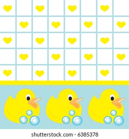 Baby/kids vector background - Rubber duckies with bubbles on blue and yellow hearts pattern