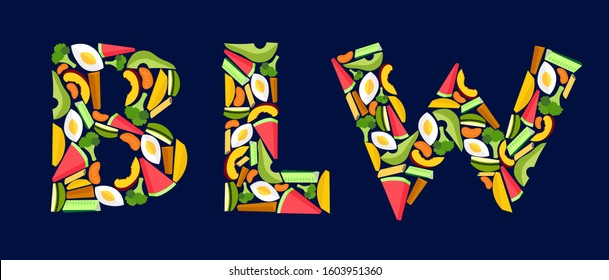 Baby-led weaning abbreviation poster, banner, print. BLW letters consisting of finger foods for weaning. Flat illustration of bites for self-feeding. Vector illustration.