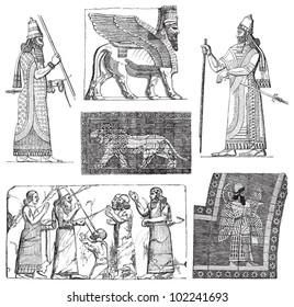 Babylonian and Assyrian art / vintage illustration from Brockhaus Konversations-Lexikon 1908