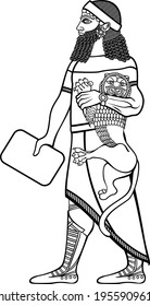 The Babylonian. The image is in the style of Babylonian relief. A Sumerian ruler with a cat and a clay tablet.