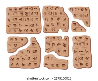 Babylonian or Sumerian script vector illustrations set. Clay, stone or rock tablets with alphabet of ancient civilization or Mesopotamia on white background. Science, Babylon, language concept