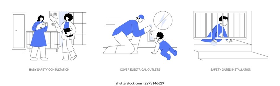 Baby-proofing abstract concept vector illustration set. Baby safety consultation, cover electrical outlets, safety gates for doorways and stairwells installation, custom interior abstract metaphor.