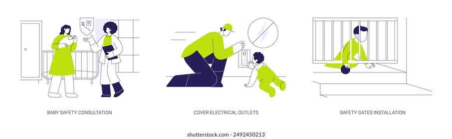 Baby-proofing abstract concept vector illustration set. Baby safety consultation, cover electrical outlets, safety gates for doorways and stairwells installation, custom interior abstract metaphor.