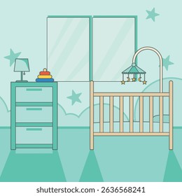 baby's bedroom interior green color vector illustration template graphic design . furniture 2d simple cartoon interior for child room decoration concept business in flat style backgrounds