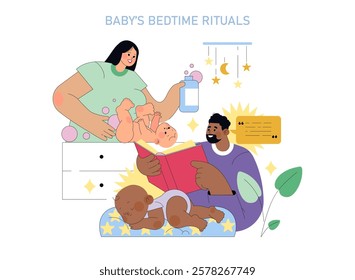 Baby's bedtime rituals vector illustration depicting nurturing moments with mother, father, and sleeping infant. Parental care, story time, and peace. Vector illustration.