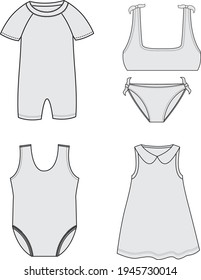 Baby's cloth vector illustration. Romper, dress, panty, and bra.