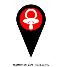 Baby's dummy sign. Child pacifier symbol. Vector. Flat white icon in red circle at black marker on white background. Isolated.