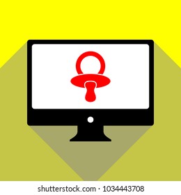 Baby's dummy sign. Child pacifier symbol. Vector. Red icon on white monitor of black all-in-one desktop computer with two shadows at yellow background.