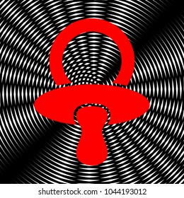 Baby's dummy sign. Child pacifier symbol. Vector. Red icon on white and black radial interference as background.