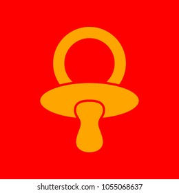 Baby's dummy sign. Child pacifier symbol. Vector. Orange icon with white holes if exist at red background. Isolated.