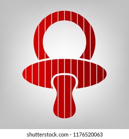 Baby's dummy sign. Child pacifier symbol. Vector. Vertically divided icon with colors from reddish gradient in gray background with light in center.
