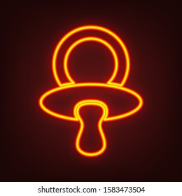 Baby's dummy sign. Child pacifier symbol. Yellow, orange, red neon icon at dark reddish background. Illumination. Illustration.