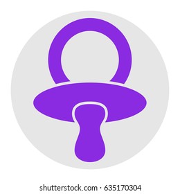 Baby's dummy sign. Child pacifier symbol. Vector. Violet flat icon on light gray circle at white background. Isolated.