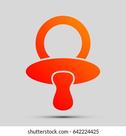 Baby's dummy sign. Child pacifier symbol. Vector. Orange, red-yellow icon with shadow on gray background.