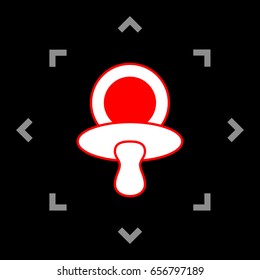 Baby's dummy sign. Child pacifier symbol. Vector. White icon in gray focus like mandala on black background.