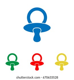 Baby's dummy sign. Child pacifier symbol. Vector. Big blue flat icon with red, green and yellow small icons at white background. Isolated.