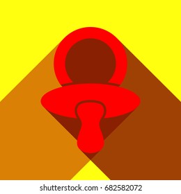 Baby's dummy sign. Child pacifier symbol. Vector. Red icon with two flat reddish shadows on yellow background.