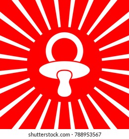 Baby's dummy sign. Child pacifier symbol. Vector. White icon on red sun with rays as background. Isolated.