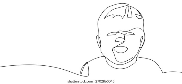 O rosto de um bebê está sorrindo alegremente, uma linha contínua. Uma única linha arte desenho vetor ilustração.