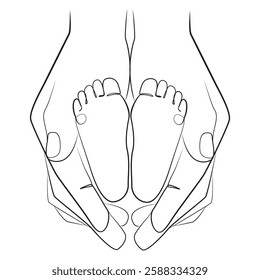 Baby's feet in mother's hands one line drawing on white isolated background