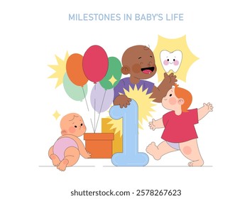 Baby's first birthday celebration illustration with milestones, balloons, and diverse happy children. Vector illustration.