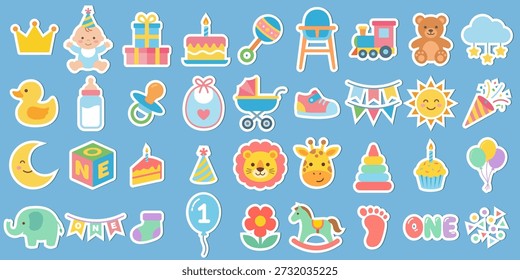 Baby's First Birthday Sticker Set Vector. Cute Collection of Toys, Animals, and Party Elements for Scrapbooking