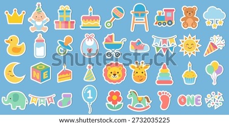 Baby's First Birthday Sticker Set Vector. Cute Collection of Toys, Animals, and Party Elements for Scrapbooking