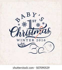 Baby's First Christmas Design Element in Vintage Style. Typography Template for Greeting Cards and Invitations