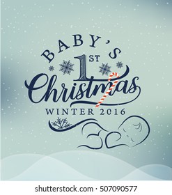 Baby's First Christmas Design Element in Vintage Style on Blue Snowy Background. Typography Template for Greeting Cards and Invitations