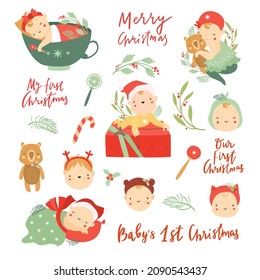 Baby's first Christmas, faces of children in Christmas costumes, adorable babies, Newborn babies. Kids party