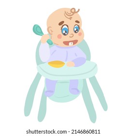 baby's first food. baby food. a one year old baby sits in a feeding chair. vector illustration.