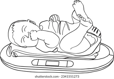 Baby's First Weigh-In: Continuous Line Cartoon of Newborn on Weighing Machine, One-Line Sketch of Newborn on the Scale