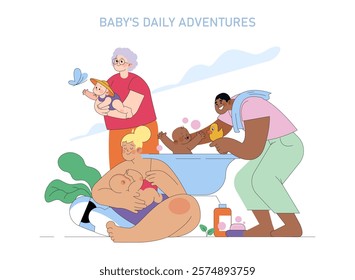 Baby's First Year concept. Heartwarming scenes of infant care, feeding, and playtime with diverse family members. Joy in nurturing child growth. Vector illustration.