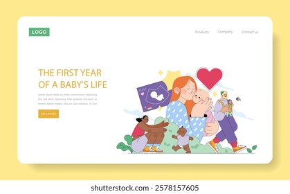 Baby's first year concept. Heartwarming moments as parents and siblings bond with the newborn. Essential milestones celebrated. Vector illustration.